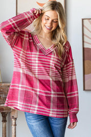 Heimish Plaid Drop Shoulder V-Neck T-Shirt | Daverri Fashions