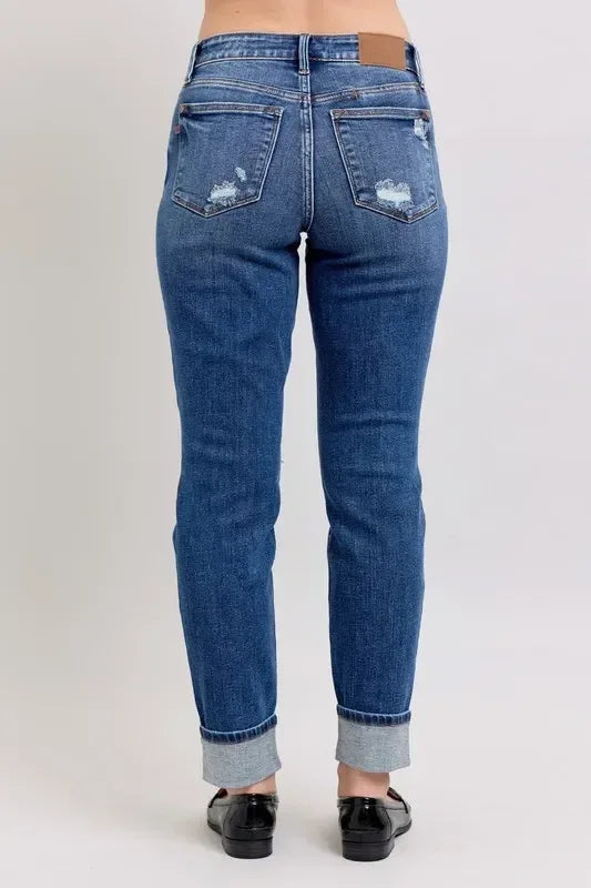 Judy Blue Full Size Mid Rise Boyfriend destroy Jeans with Yoke Pockets and Faux Selvedge Cuff Plus Size - DAVERRI FASHIONS