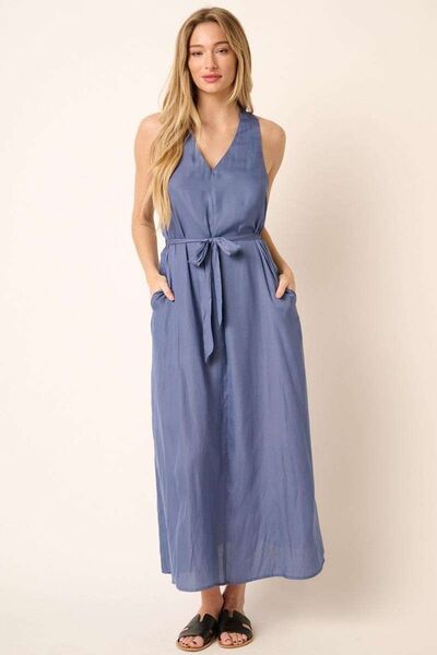 Mittoshop Cross Back Belted V Neck Tank Maxi Dress