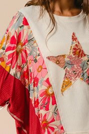 BiBi floral print mixed star patch round neck poncho sweater