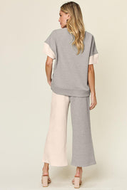 Double Take Full Size Texture Contrast T-Shirt and Wide Leg Pants Set | Outfit Sets Daverri Fashions