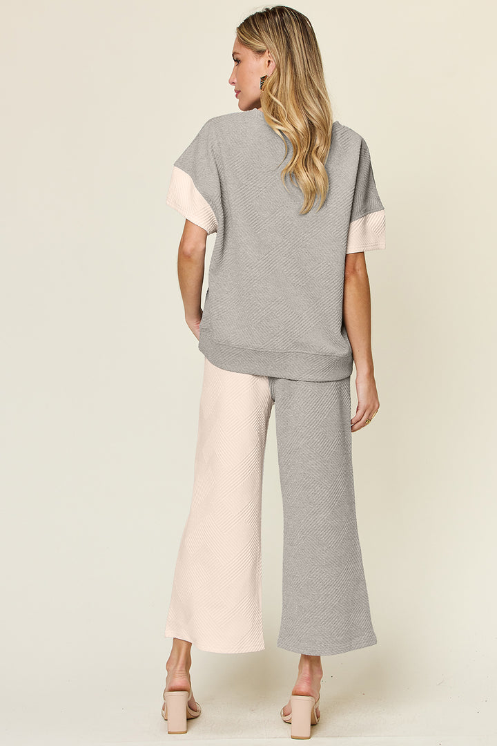 Double Take Full Size Texture Contrast T-Shirt and Wide Leg Pants Set Outfit Sets