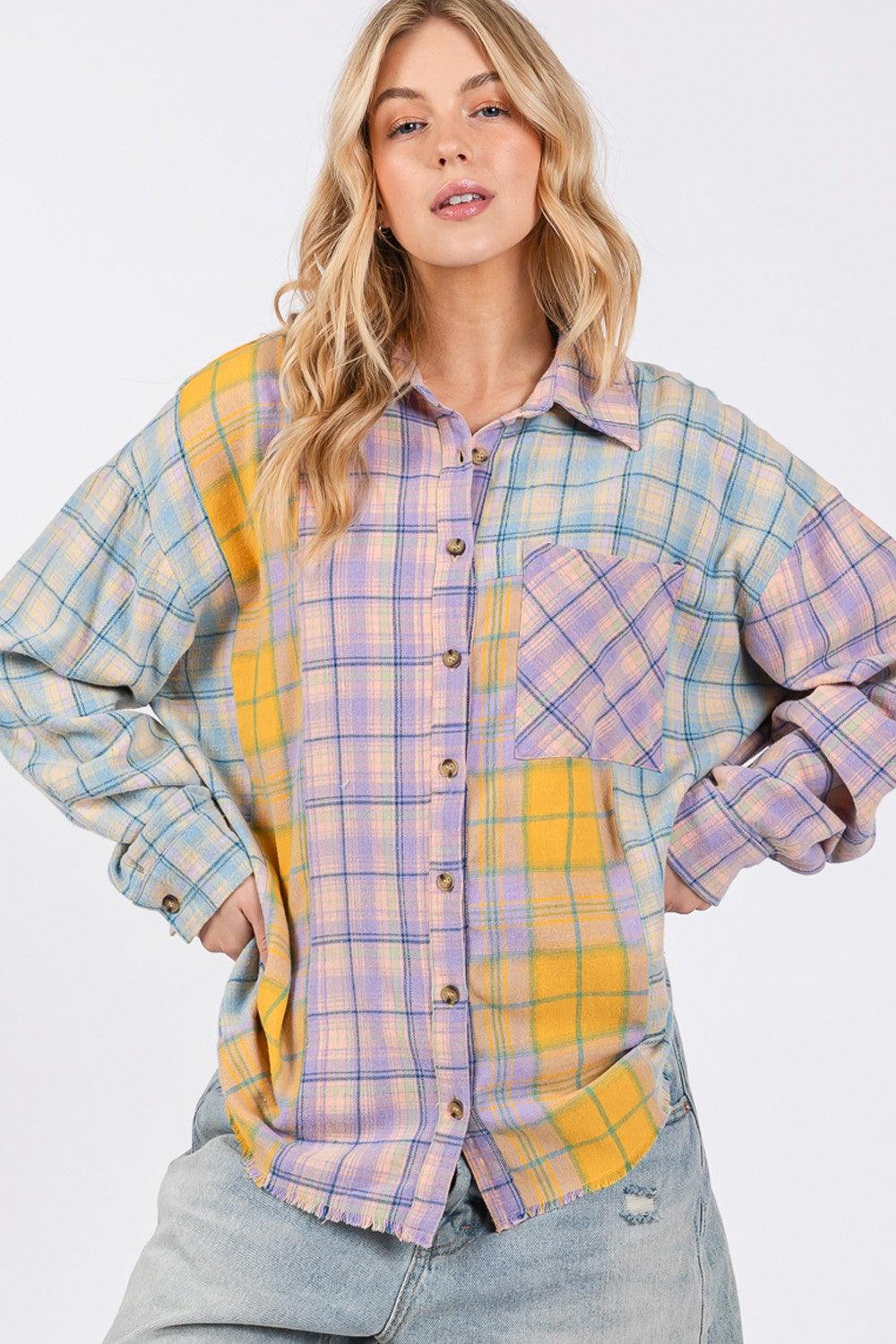 SAGE + FIG Button Up Raw Hem Plaid Flannel Shirt Shirts