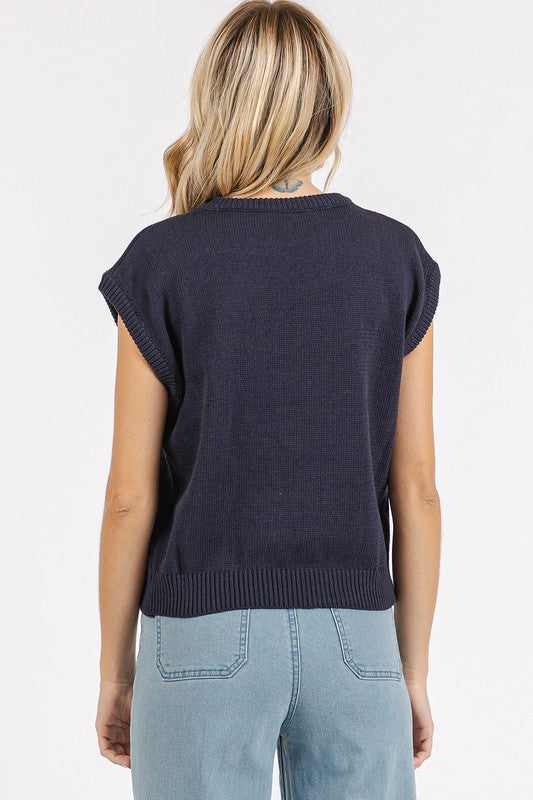 Mittoshop Contrast Letter Round Neck Cap Sleeve Knit Top