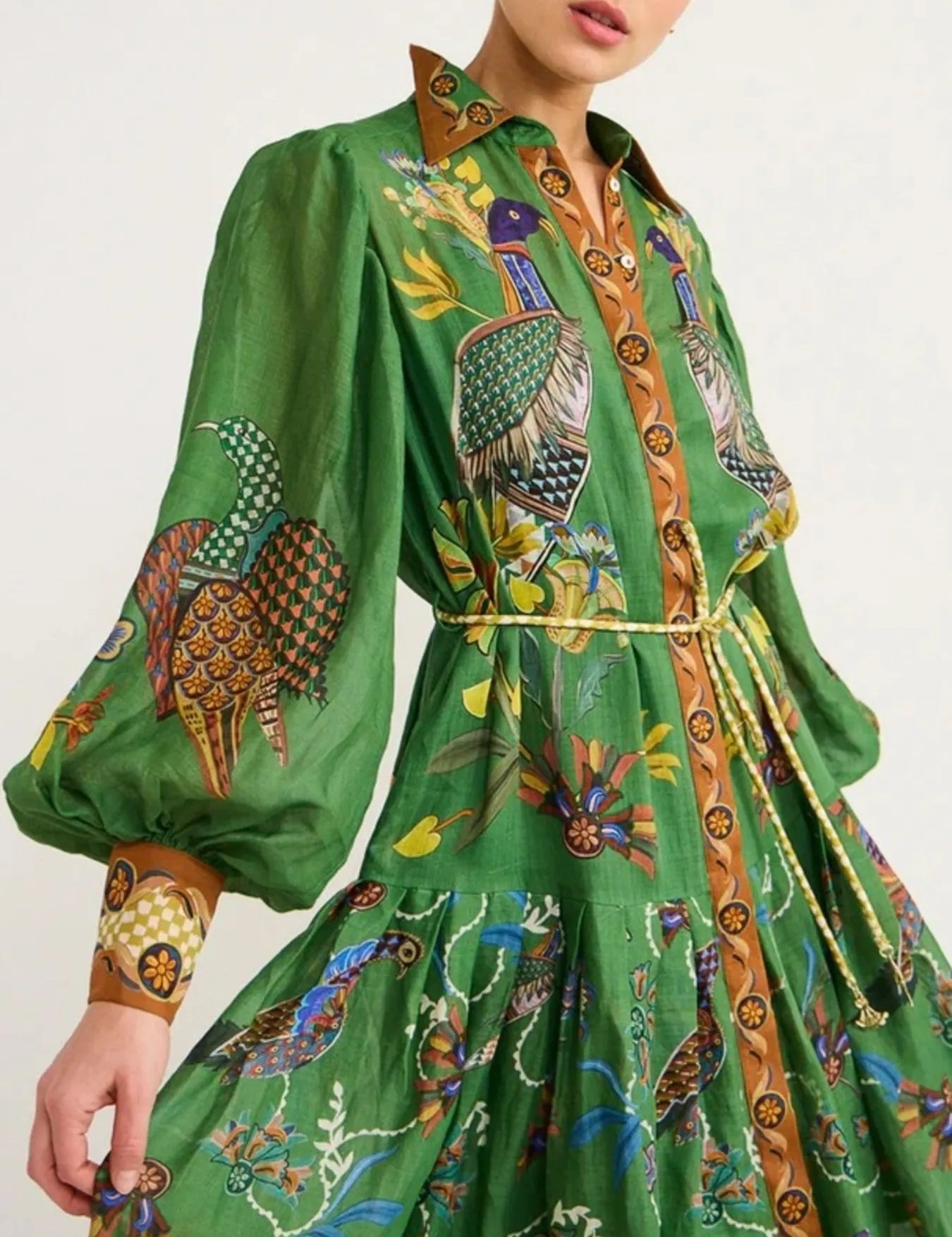 Green peacock print silk Daverri Fashions maxi shirt dress with gold accents
