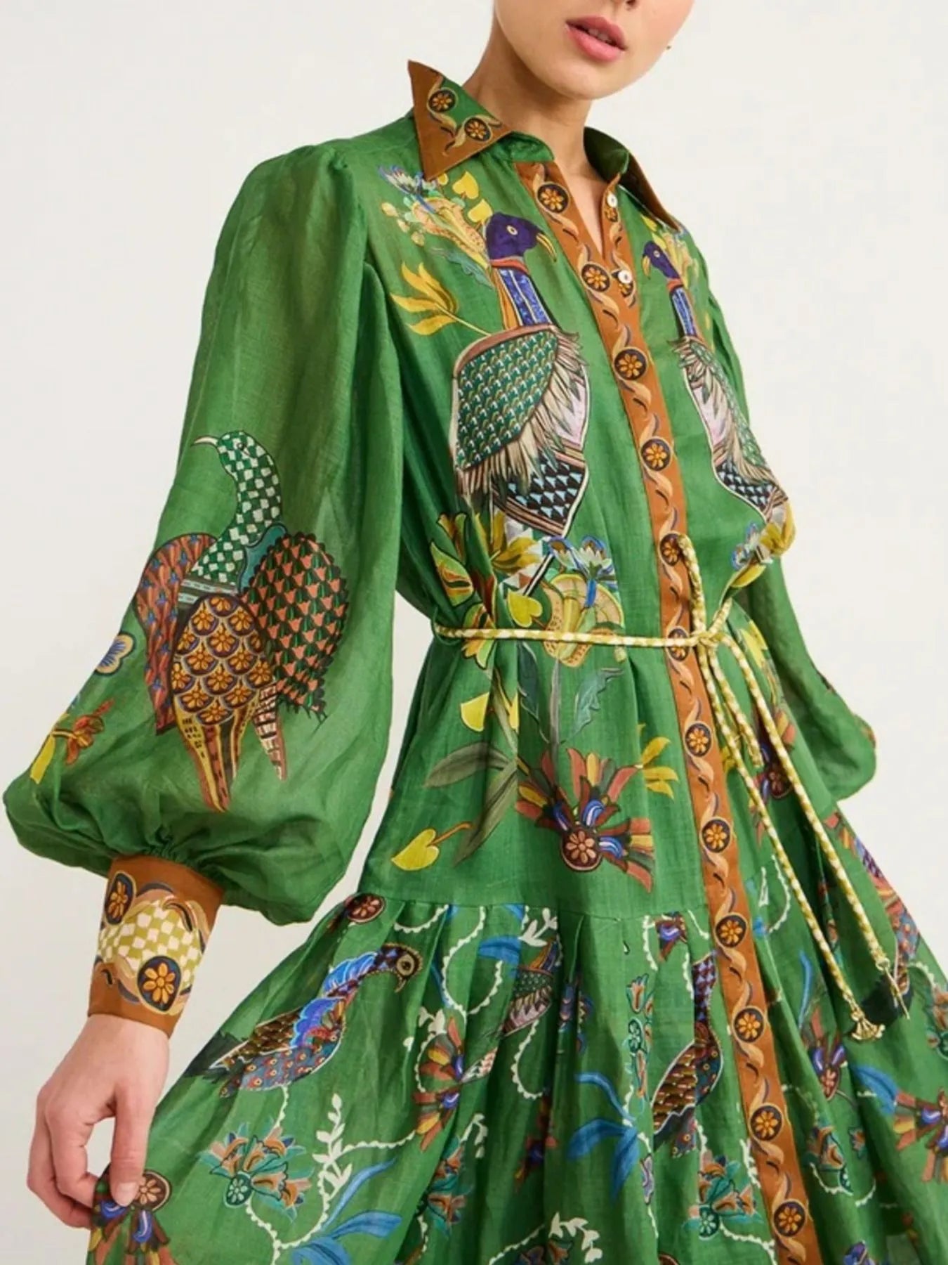 Green peacock print silk Daverri Fashions maxi shirt dress with gold accents
