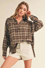 Coffee Brown Aemi + Co Side Slit High-Low Plaid Long Sleeve Polo Shirt | Daverri Fashions