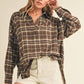 Aemi + Co Side Slit High-Low Plaid Long Sleeve Polo Shirt - DAVERRI FASHIONS