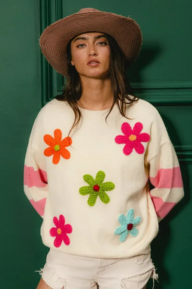 BiBi Colorful Floral Patched Sweater with Striped Sleeve - DAVERRI FASHIONS