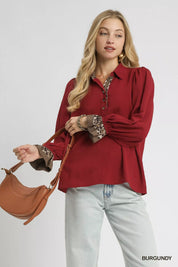 BURGUNDY Umgee Half Button Blouse with Leopard Print Trim | Blouses Daverri Fashions