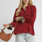 Umgee Half Button Blouse with Leopard Print Trim - DAVERRI FASHIONS