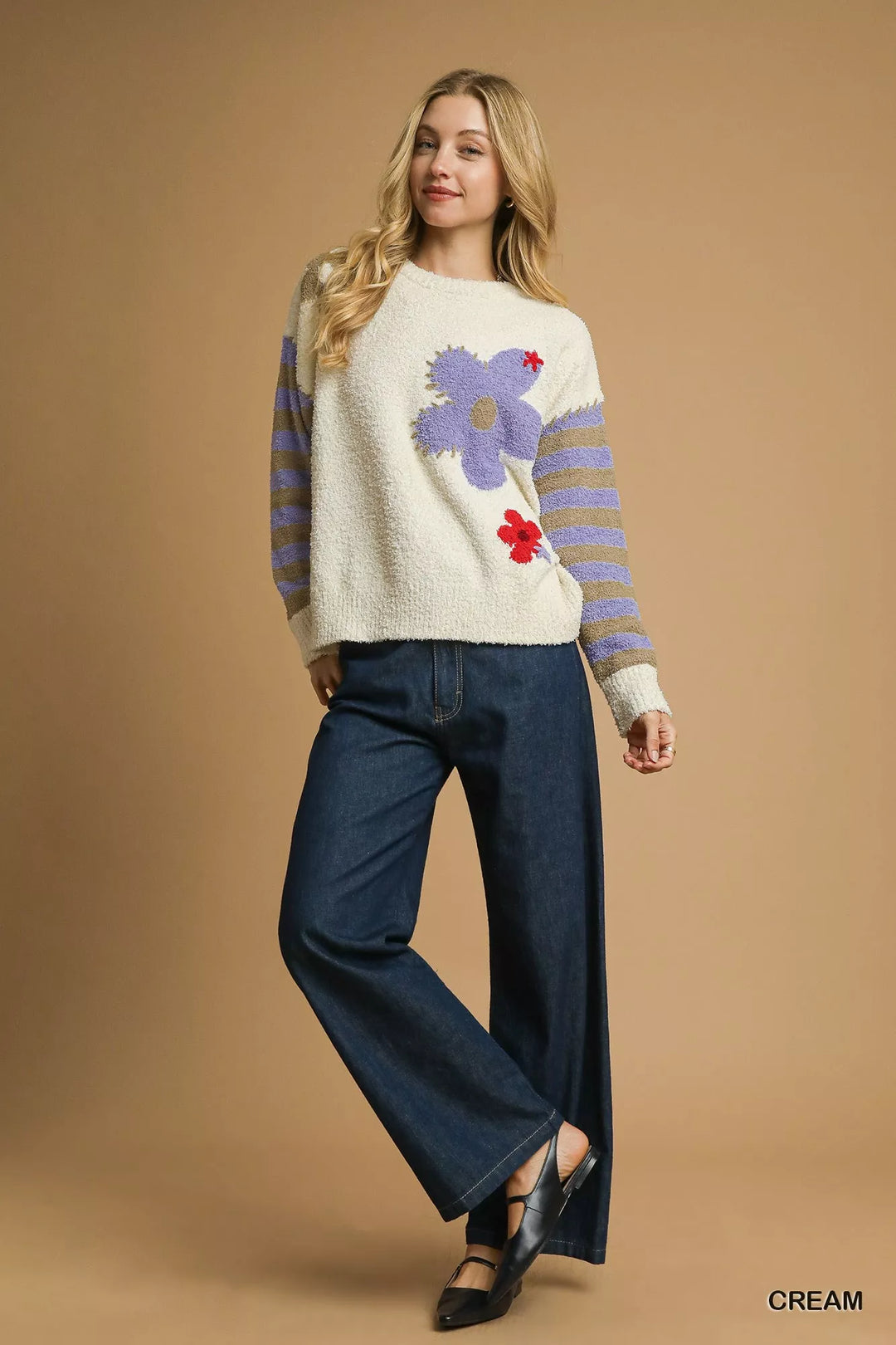 Umgee Flower Jacquard Striped Long Sleeve Sweater | Sweaters Daverri Fashions