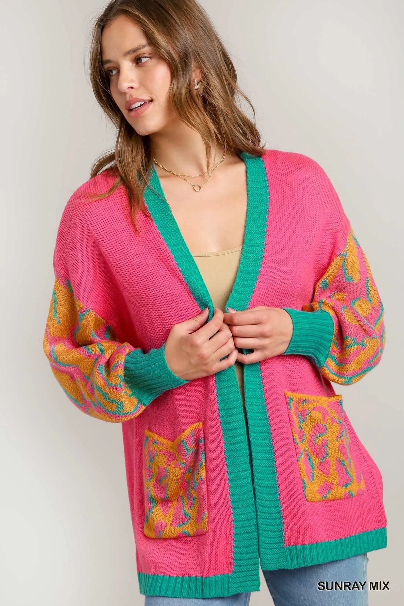 Umgee Animal Print Open Front Sweater Cardigan SUNRAY MIX Cardigans