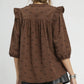 Umgee Bow Print Corduroy Puff Sleeve Blouse with Ruffled Blouses