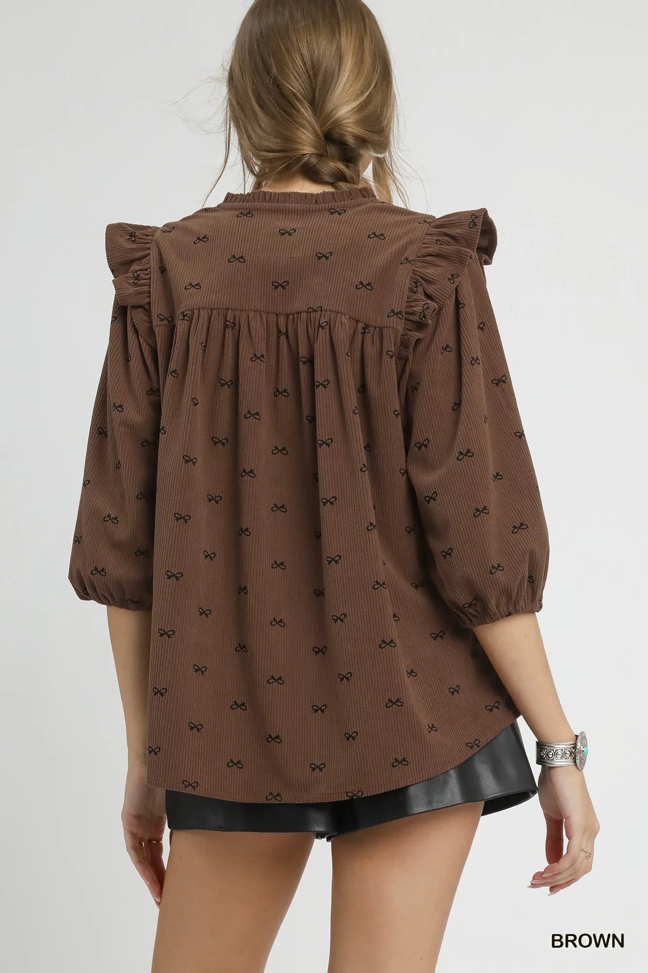 Umgee Bow Print Corduroy Puff Sleeve Blouse with Ruffled Blouses