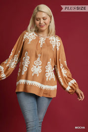 Umgee Full Size Two Tone Border Print Top with Balloon Sleeves Plus Size | Tops Daverri Fashions