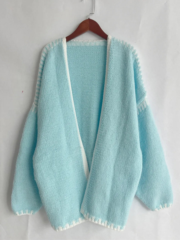 Double Take Contrast Open Front Dropped Shoulder Cardigan | Cardigans Daverri Fashions