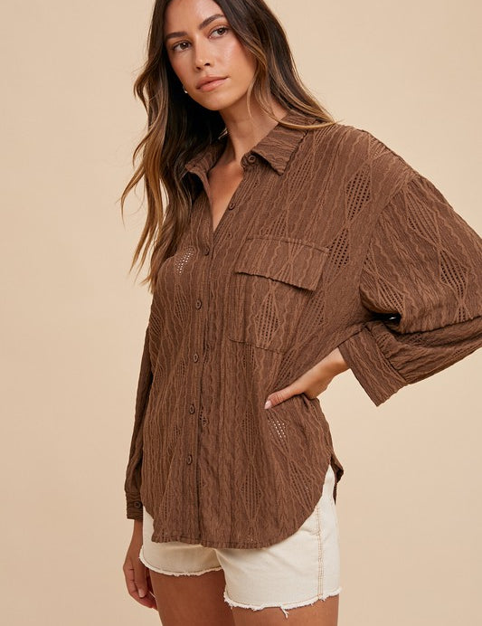 Annie Wear Openwork Button Down Drop Shoulder Shirt Brown Tops