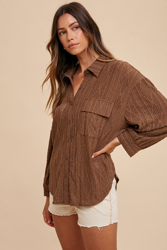 Annie Wear Openwork Button Down Drop Shoulder Shirt Brown Tops