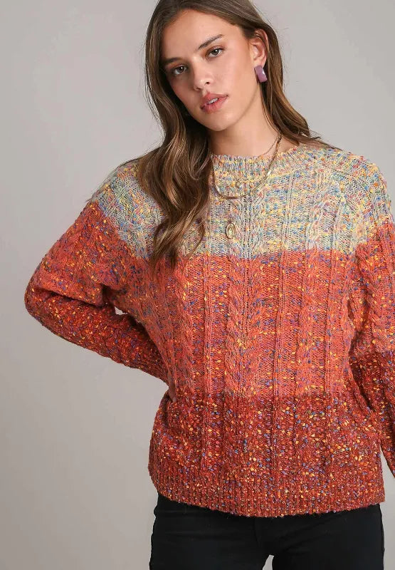 Cable-Knit Color Block Round Neck Long Sleeve Sweater | Sweaters Daverri Fashions