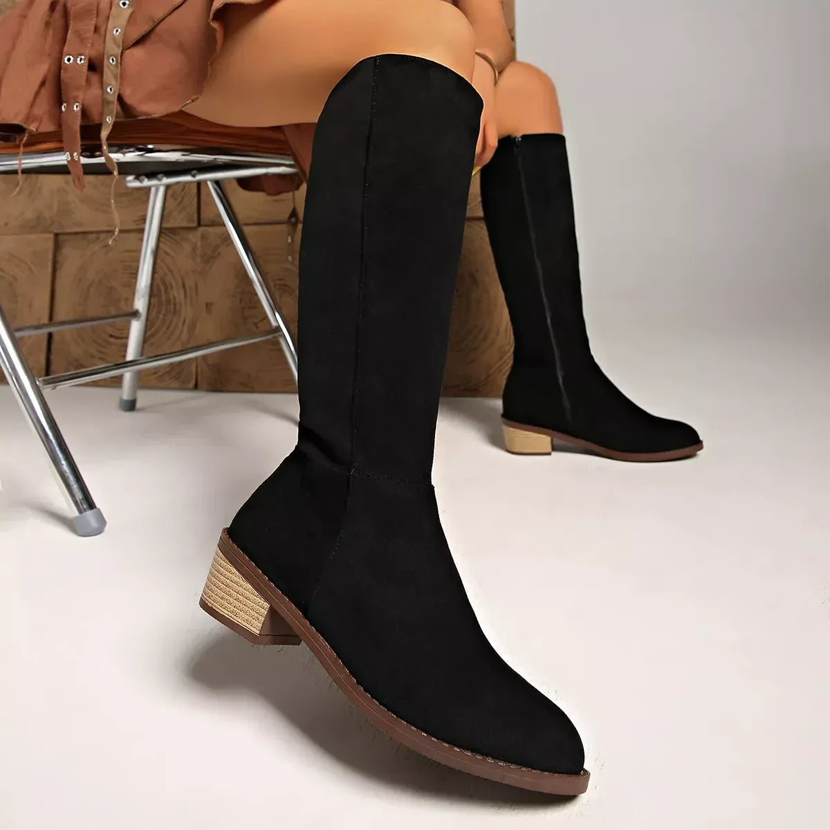 Side Zip Knee-High Block Heel Boots - DAVERRI FASHIONS
