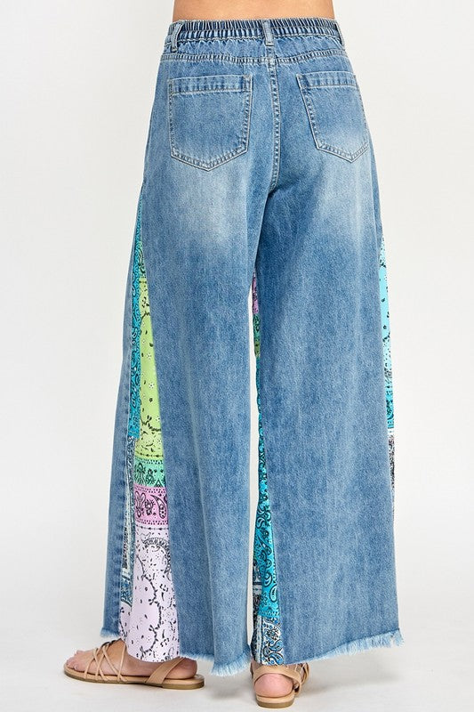 SAGE + FIG Raw Hem Paisley Print Side Wide Leg Jeans Jeans