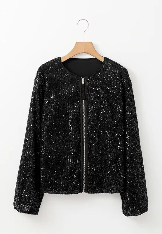 Sequin Zip Up Long Sleeve Jacket | Jackets Daverri Fashions