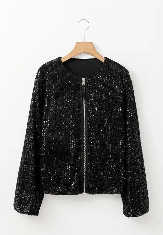 Sequin Zip Up Long Sleeve Jacket - DAVERRI FASHIONS