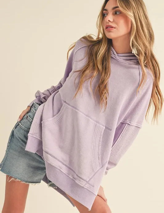 Aemi + Co Exposed Seam Side Slit Hoodie with Kangaroo Pocket | Hoodies Daverri Fashions