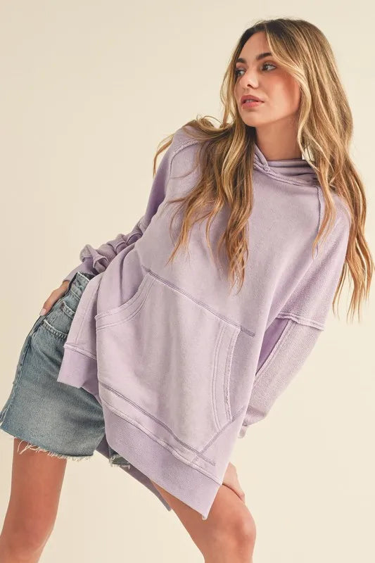 Aemi + Co Exposed Seam Side Slit Hoodie with Kangaroo Pocket | Hoodies Daverri Fashions