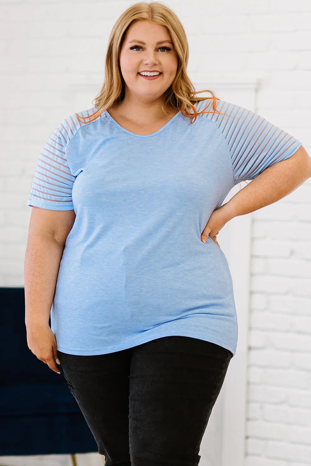 Plus size light blue striped V-neck raglan tee with black leggings