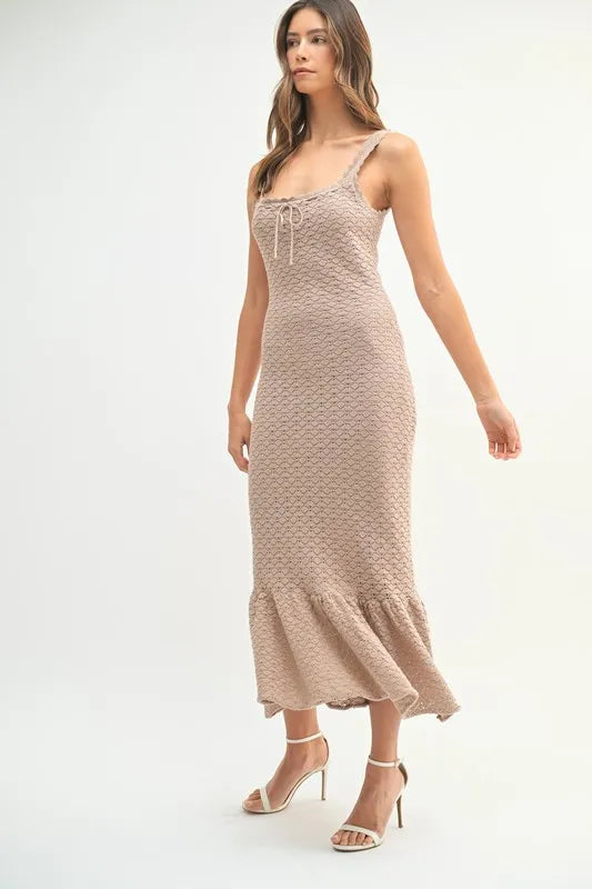 MABLE Ruffled Hem Sleeveless Crochet Knit Midi Dress Midi Dresses