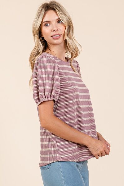 Mittoshop Contrast Striped Short Puff Sleeve Knit Top Tops