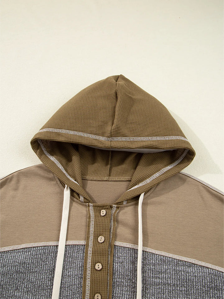 Mixed Texture Patchwork Exposed Seam Half Button Hoodie | Hoodies Daverri Fashions