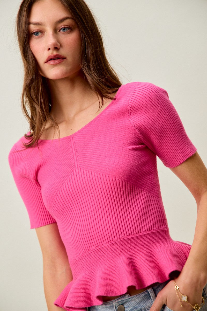 Vibrant pink SO ME ribbed knit short sleeve peplum sweater top