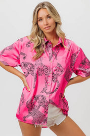 BiBi Leopard Print Short Sleeve Silky Satin Shirt Top | Tops Daverri Fashions