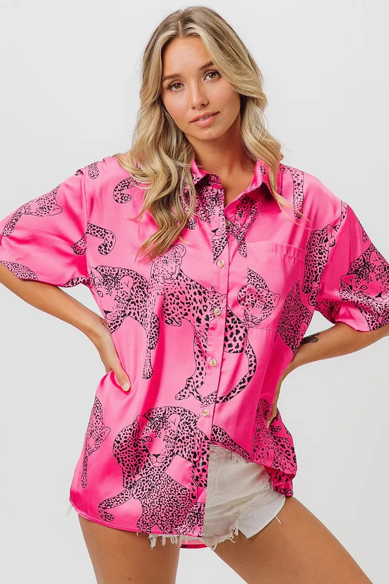 BiBi Leopard Print Short Sleeve Silky Satin Shirt Top Shirts