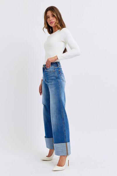 Judy Blue Full Size Distressed High Waist Wide Leg Jeans - DAVERRI FASHIONS