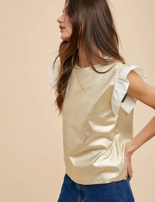 Annie Wear Mix Media Metallic Knit Ruffle Sleeve Top | Tops Daverri Fashions