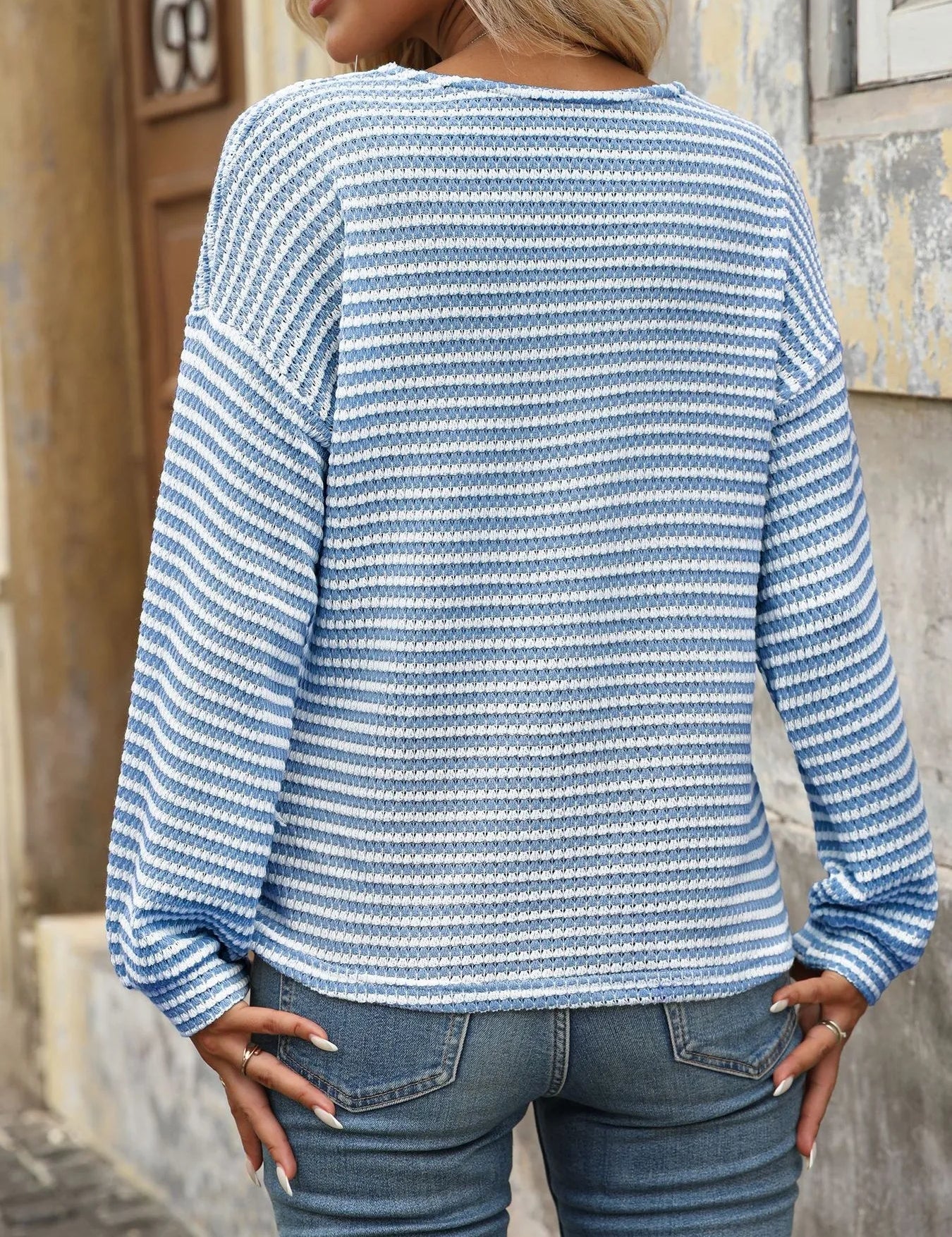 Striped V-Neck Button Front Casual Top | Knit Tops Daverri Fashions