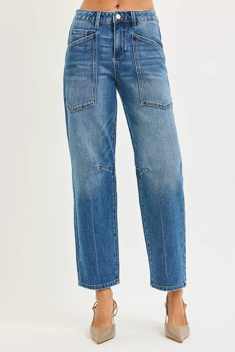 RISEN 4 Way Stretch Mid Rise Barrel Jeans with Patch Pocket Detail - DAVERRI FASHIONS