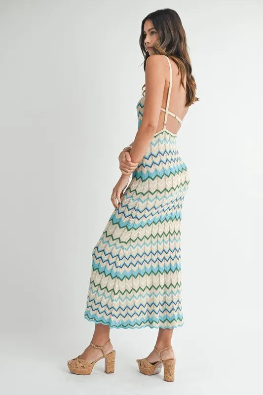 MABLE Lightweight Pointelle Chevron Knit Maxi Dress