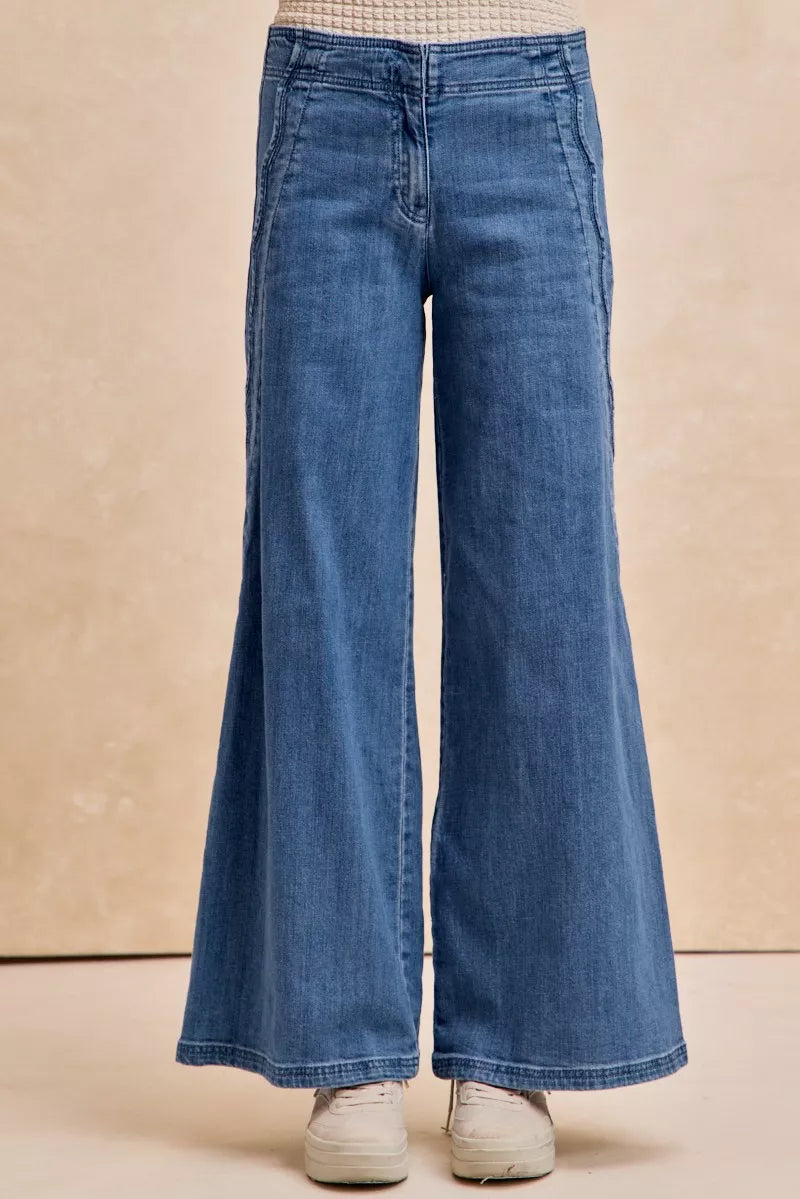 BiBi Wavy Side Edge Detail Blue Denim Wide-Leg Jeans