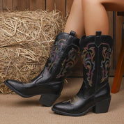 Black Embroidered Point Toe Block Heels Boots | Boots Daverri Fashions