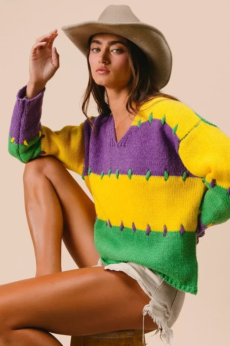 BiBi Stitch Detail Mardi Gras Stripes Sweater - DAVERRI FASHIONS