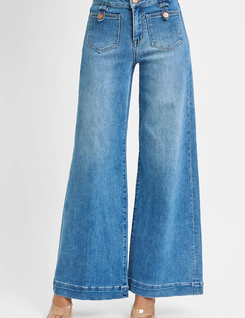 RISEN Full Size Mid Rise Wide Front Patch Pocket Jeans | Jeans Daverri Fashions