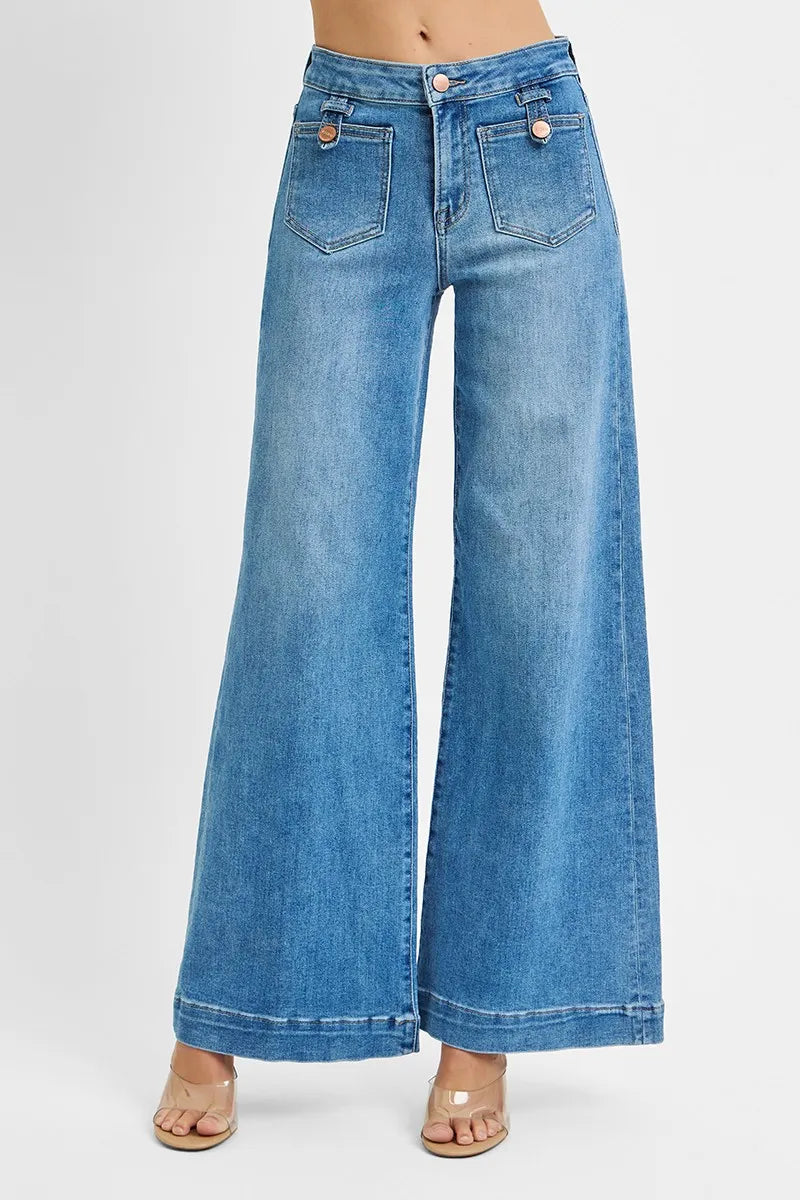RISEN Full Size Mid Rise Wide Front Patch Pocket Jeans Jeans