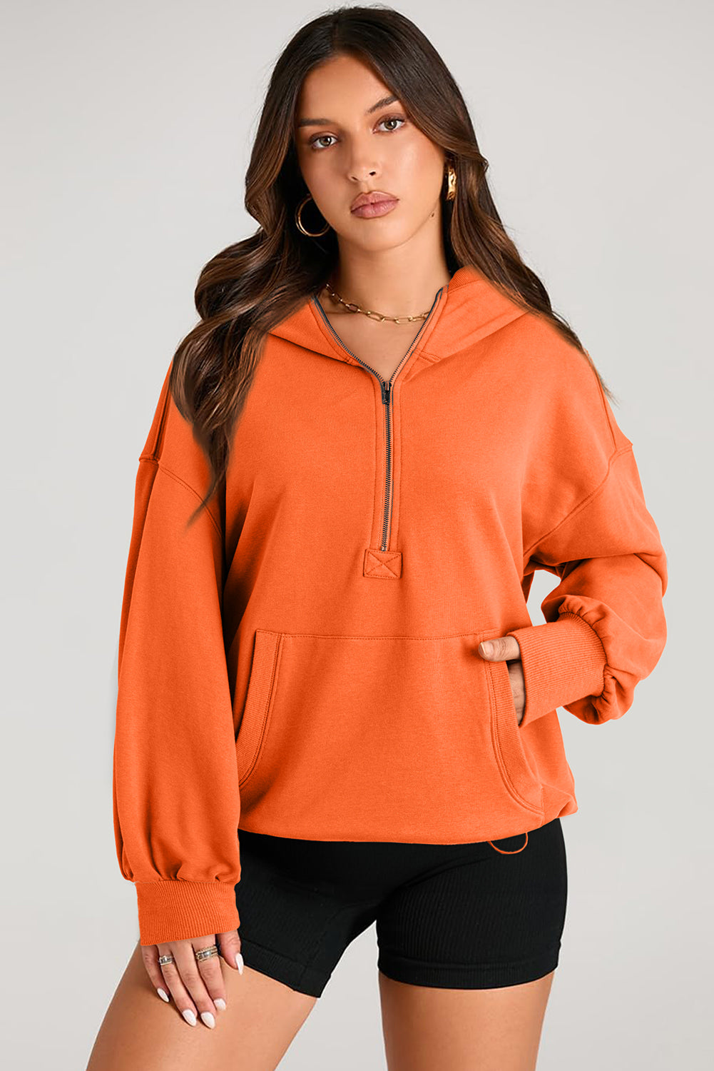 Pocketed Half Zip Long Sleeve Hoodie Tops