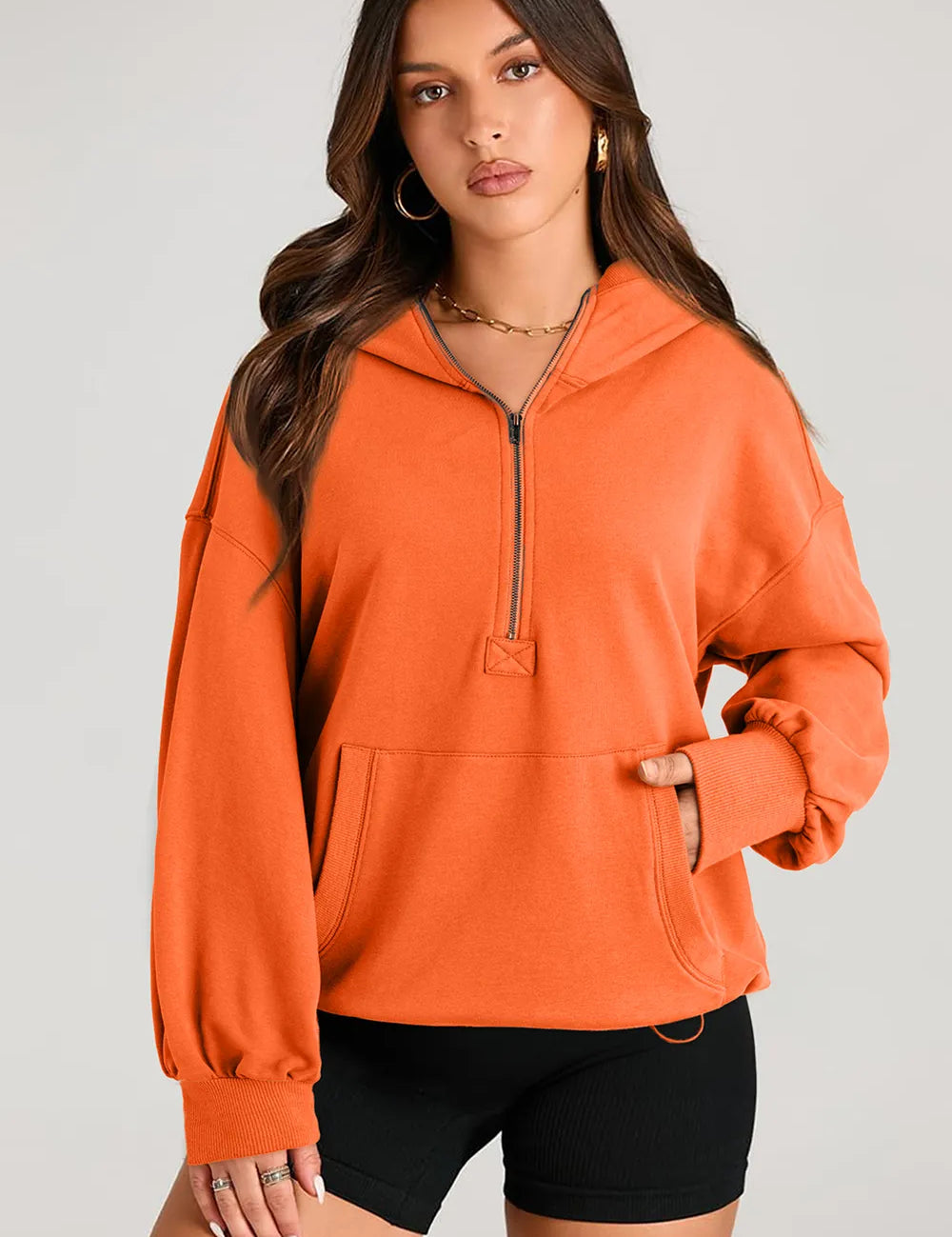 Pocketed Half Zip Long Sleeve Hoodie | Hoodies Daverri Fashions