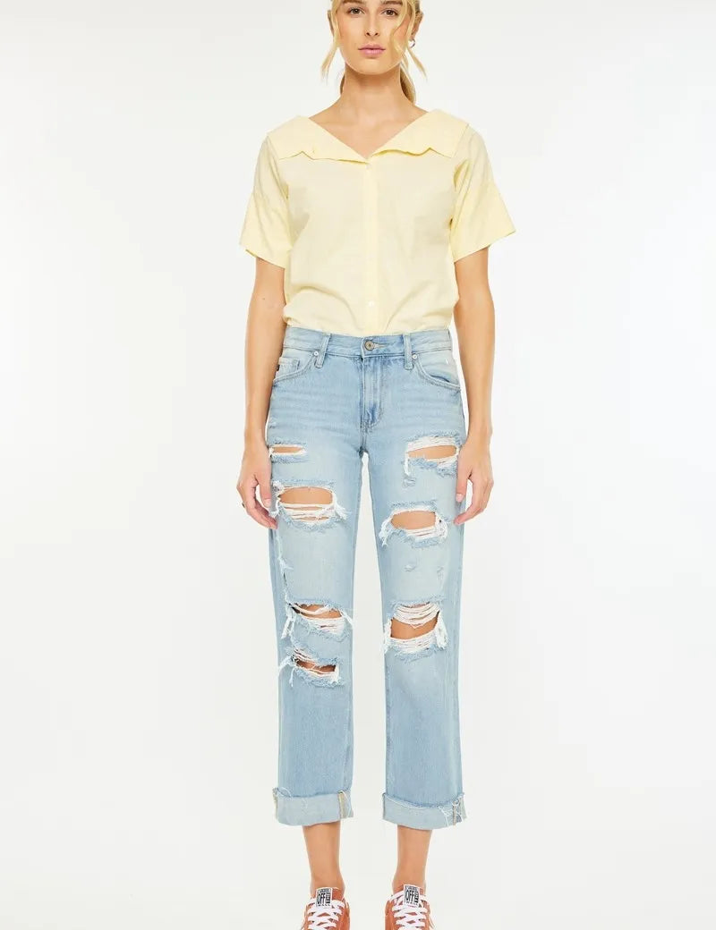 Kancan Mid Rise Distressed Boyfriend Jeans | Jeans Daverri Fashions